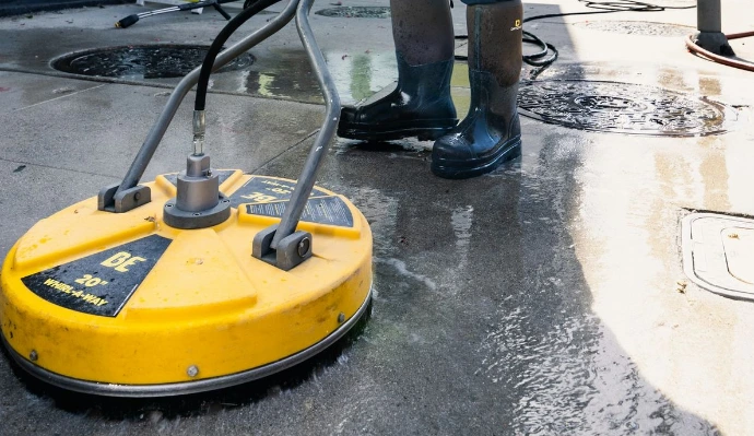 a man in a yellow vest is cleaning the street